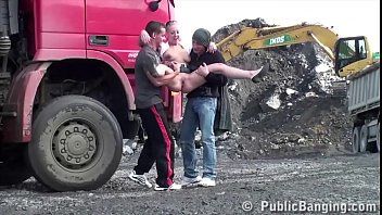 Public Construction Site Threesome: Blonde Babe Takes Two Hard Cocks